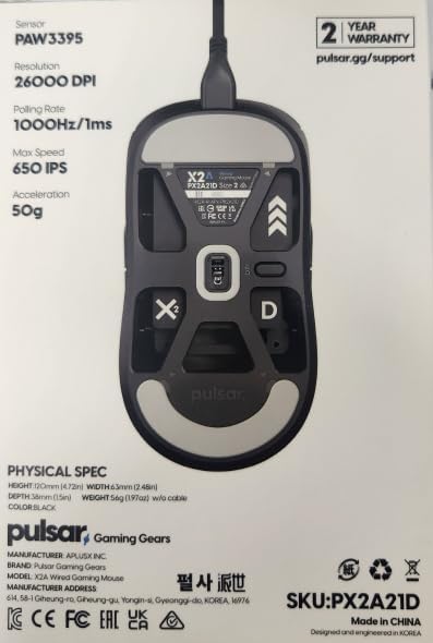 Pulsar Gaming Gears X2A Wired Gaming Mouse, Ultra Lightweight, Optical Switch, 26000 DPI, Motion Sync, PAW3395 Sensor (Medium, Wired, Black)