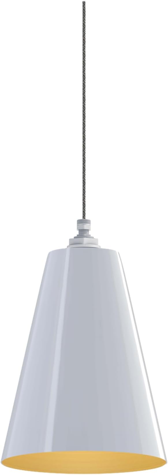 Steel Lighting Co. Laurel Pendant Light | Ceiling Mounted | 8.5 inch Cone Shade | Modern Contemporary Farmhouse Style Made in America | Gray Tweed Cloth Cord | White Exterior/Brass Interior