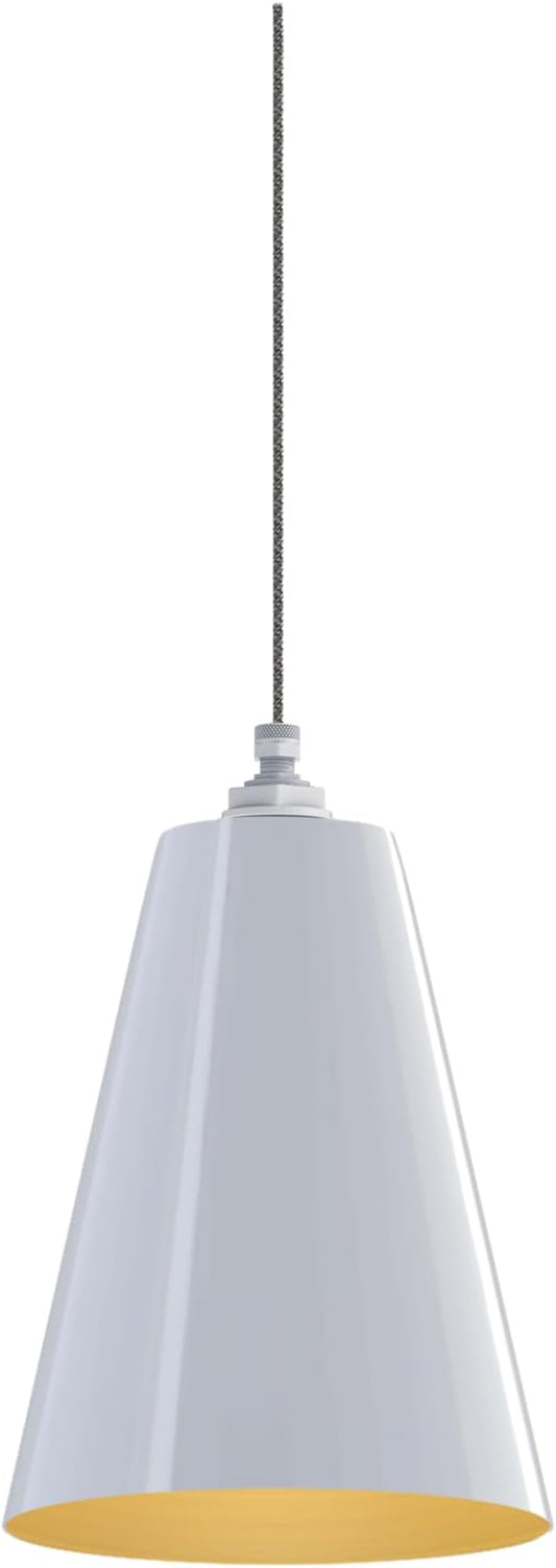 Steel Lighting Co. Laurel Pendant Light | Ceiling Mounted | 8.5 inch Cone Shade | Modern Contemporary Farmhouse Style Made in America | Gray Tweed Cloth Cord | White Exterior/Brass Interior