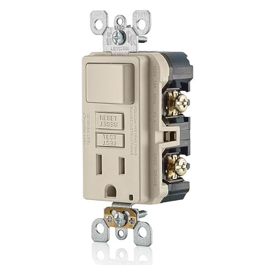 Leviton GFCI Combination Outlet with Switch, 15 Amp, Self Test, Tamper-Resistant with LED Indicator Light, Saves Space, GFSW1-T, Light Almond