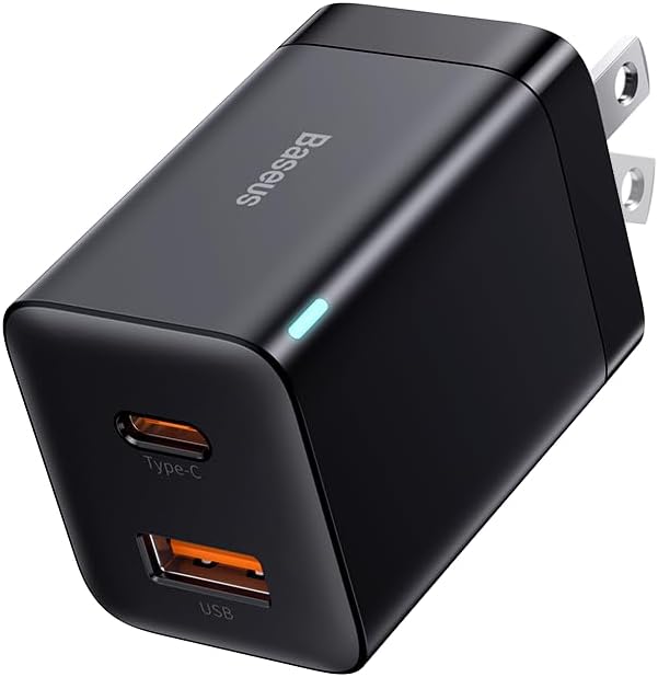 Baseus 30W Dual Port USB C PD Charger Block, Foldable PPS GaN Fast Charger Power Adapter for iPhone 17/16/15 Pro Max/14 Pro/13, Galaxy S24 Ultra/S23, Google Pixel 6, iPad, Black