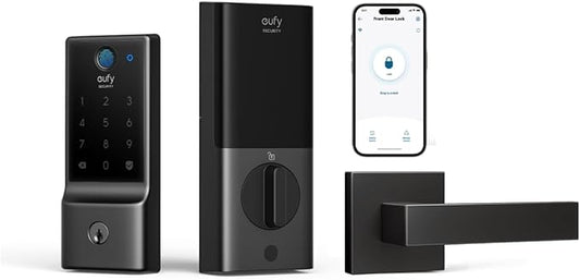 eufy Security Smart Lock C220 with Door Lever, Fingerprint Keyless Entry Door Lock, Built-in Wi-Fi, App Remote Control, Front Door Deadbolt, 8 Months Battery, Reliable Power, IP53 Waterproof