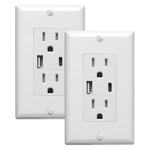USB Charger and Receptacle Outlet, USB A/C Wall Charging Ports, 4.8A 120V, Fast-Charging Electrical Ports, Tamper Resistant sockets, Cover Plate Included, UL Listed, 2-Pack