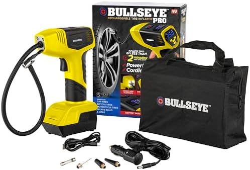 Bullseye Pro Tire Inflator Portable Air Compressor, Car Tire Inflator Portable, Portable Air Pump for Car Tires - 150PSI, 12V DC 1500 mAhs with Tire Pressure Gauge, Rechargeable As Seen On TV(Yellow)