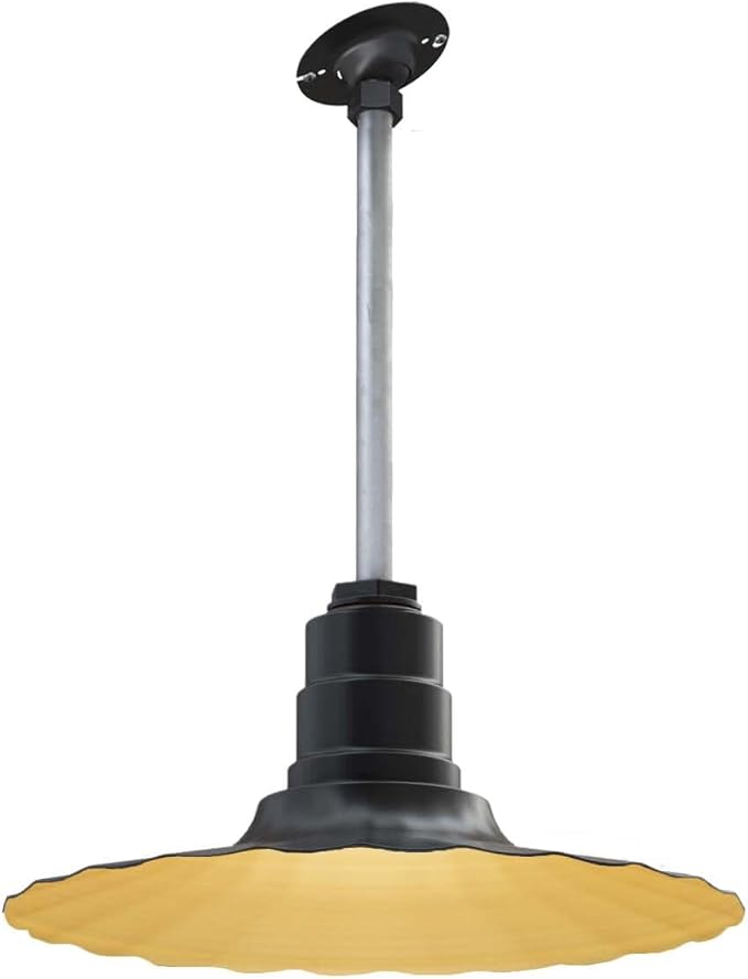 Steel Lighting Co. Eagle Rock Pendant | Ceiling Mounted Light | 16 inch Radial Wave | 12 inch Sloped Stem | Heavy Duty Steel Retro Farmhouse Style Made in America | Matte Black Exterior/Brass Interior