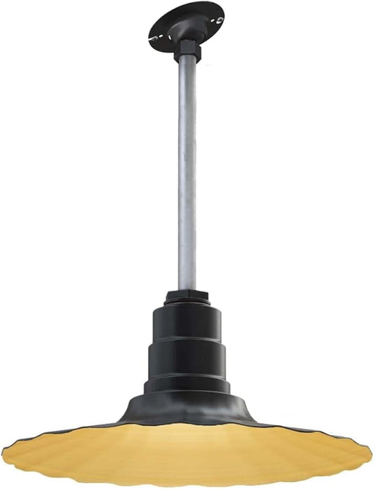 Steel Lighting Co. Eagle Rock Pendant | Ceiling Mounted Light | 16 inch Radial Wave | 12 inch Sloped Stem | Heavy Duty Steel Retro Farmhouse Style Made in America | Matte Black Exterior/Brass Interior