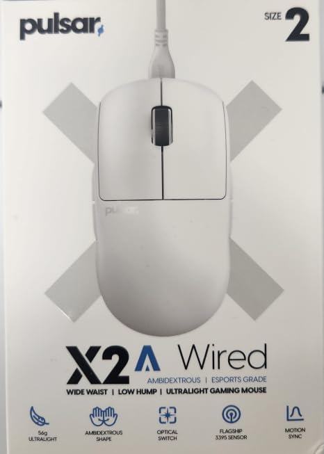 Pulsar Gaming Gears X2A Wired Gaming Mouse, Ultra Lightweight, Optical Switch, 26000 DPI, Motion Sync, PAW3395 Sensor (Medium, Wired, White)