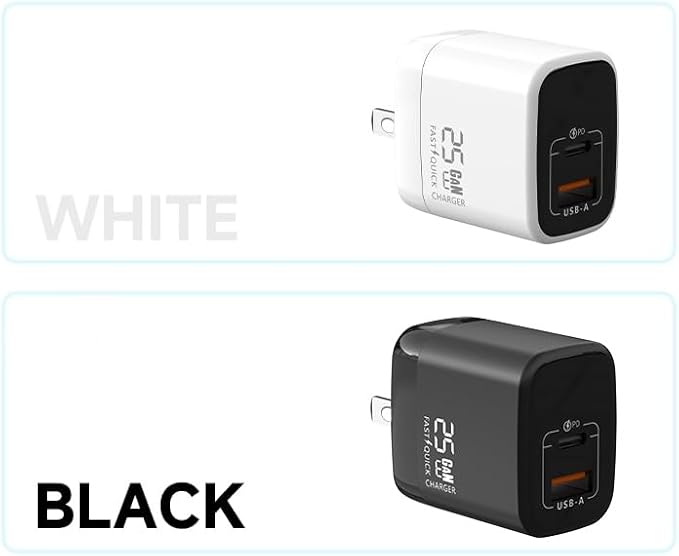 Fast 25W Dual USB-C Plus USB-A Charger - GaN Power Delivery - Fast Compact Power Adapter for Laptops, Smart Phones, Tablets and Thousands of Other Devices (Black, 25W)