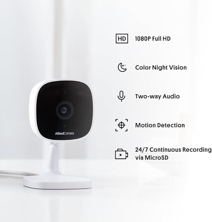 AlfredCam Indoor WiFi Security Camera, FullHD 1080P, 2.4G/WiFi, Continuous Recording, Motion Detection, Night Vision, Baby Monitor/Pet/Nanny Cam, App Powered (70M+ downloads)