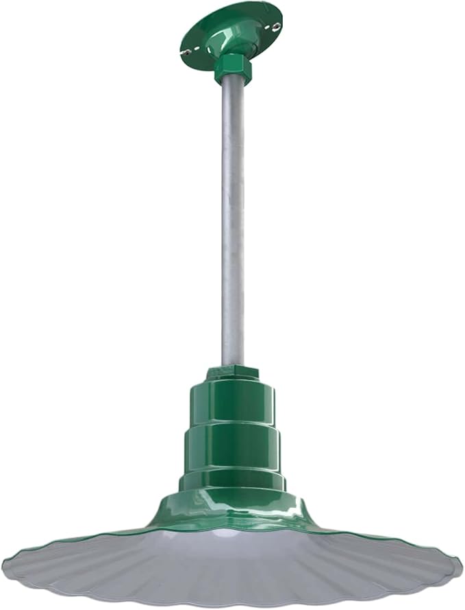 Steel Lighting Co. Eagle Rock Pendant | Ceiling Mounted Light | 16 inch Radial Wave | 12 inch Sloped Stem | Heavy Duty Steel Retro Farmhouse Style Made in America | Green Exterior/White Interior