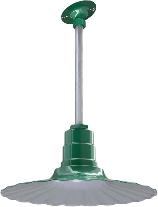 Steel Lighting Co. Eagle Rock Pendant | Ceiling Mounted Light | 16 inch Radial Wave | 12 inch Sloped Stem | Heavy Duty Steel Retro Farmhouse Style Made in America | Green Exterior/White Interior