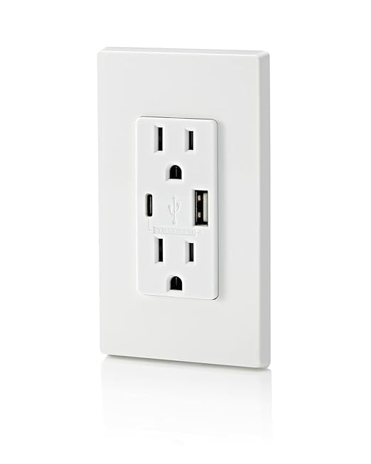 Leviton T5638-W 18W USB Type-A/C in-Wall Charger with 15A Tamper-Resistant Outlet, USB Charger for Smartphones, Not for Laptops, White