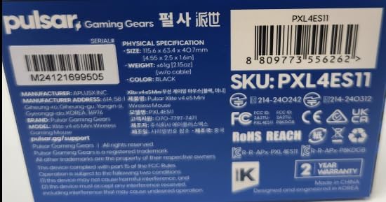 Pulsar Gaming Gears Xlite v4 eS Wireless Gaming Mouse Ergonomic, Optical Switch, 32000 DPI, 750 IPS, XS-1 Sensor, OLED Display, Driverless, 8k Dongle Included (Mini, Black)