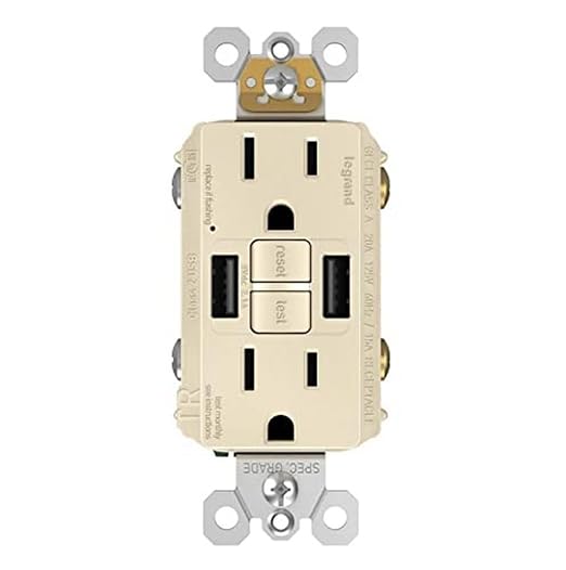Legrand Radiant 1597TRUSBAALA 15 Amp GFCI Self Test Tamper Resistant Decorator Duplex Outlet with USB Type A, Light Almond (1 Count)