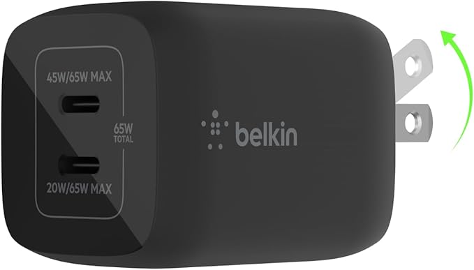 Belkin 65W Dual USB-C Wall Charger, Fast Charging PD 3.0 w/GaN Technology for iPhone Series, iPad Pro 12.9, MacBook, Galaxy Series, Tablet, & More - Black