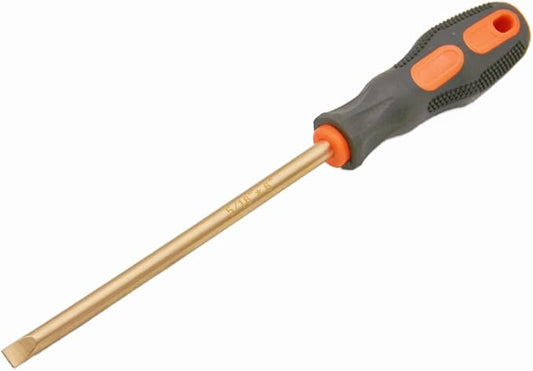 Non-Sparking 5/16 Inch (8mm) Flat Screwdriver flat head, Beryllium Bronze Non Spark, 6 Inch (150mm) Working Length, 11 inch Total Length, Spark Free Safety, non-magnetic, corrosion-resistant