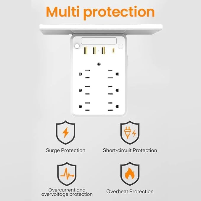 Multi-Plug Outlet with Night Light,6 Outlet Extender with 3 USB Ports,USB Wall Charger for Home, Office, Travel (with Tray)