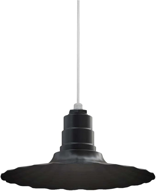 Steel Lighting Co. Eagle Rock Pendant | Ceiling Mounted Light | 16 inch Radial Wave | White Cord | Heavy Duty Steel Retro Farmhouse Style Made in America | Black Exterior/Matte Black Interior