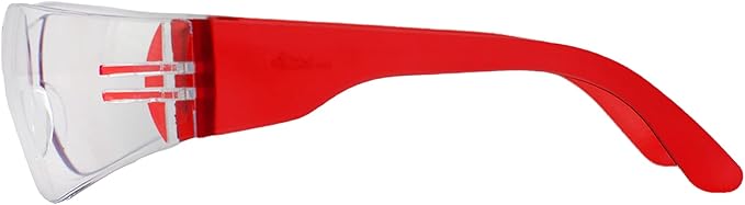 BISON LIFE Clear Lens Color Temple Safety Glasses | One Size, Adult, Youth, Clear Protective Polycarbonate Lens Color Temple, Red, 24 PAIRS