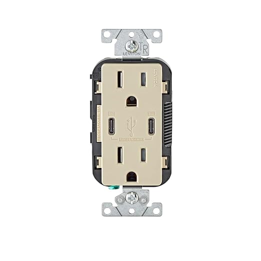Leviton T5635-I 30W (6A) USB Dual Type-C/C Power Delivery In-Wall Charger with 15A Tamper-Resistant Outlet, USB Charger for Smartphones, Tablets, Laptops, Ivory