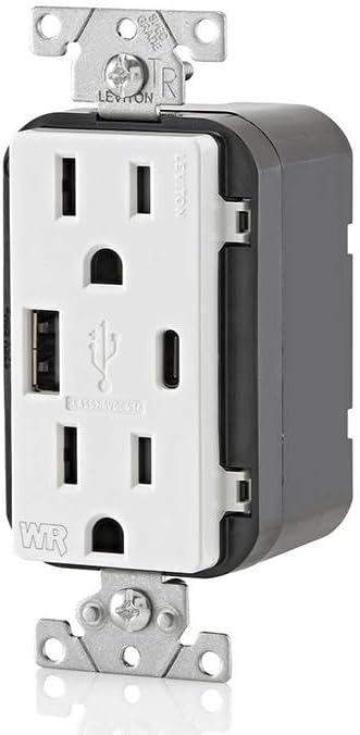Leviton W5633-W Type A & Type-C USB In-Wall Charger with 15A Tamper-Resistant Outlet, Outdoor USB Charger for Smartphones and Tablets, Not for Laptops, White