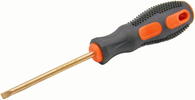 Non-Sparking 3/16 Inch (5mm) Flat Slotted Screwdriver, Beryllium Bronze Copper Non Spark, 3 Inch (75mm) Working Length, 7 inch Total Length, Spark Free Safety, non-magnetic, corrosion-resistant