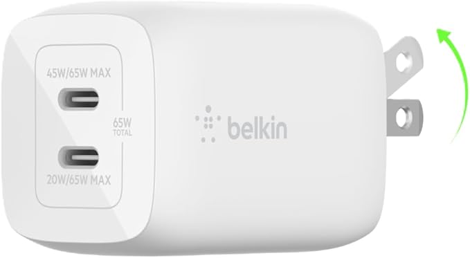 Belkin 65W Dual USB C Charger Block, Super Fast Charging PD3.0 w/ GaN Technology - Samsung Galaxy S25, Apple iPhone 16, 15, 14, 13, Pro, Pro Max, iPad, MacBook, Nintendo Switch 2 & More - White