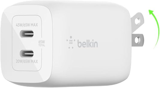 Belkin 65W Dual USB C Charger Block, Super Fast Charging PD3.0 w/ GaN Technology - Samsung Galaxy S25, Apple iPhone 16, 15, 14, 13, Pro, Pro Max, iPad, MacBook, Nintendo Switch 2 & More - White