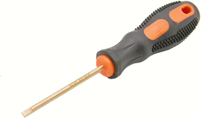 Non-Sparking 5/32 Inch (4mm) Flat Screwdriver flat head, Beryllium Bronze Non Spark, 3 Inch (75mm) Working Length, 6-1/4 inch Total Length, Spark Free Safety, non-magnetic, corrosion-resistant