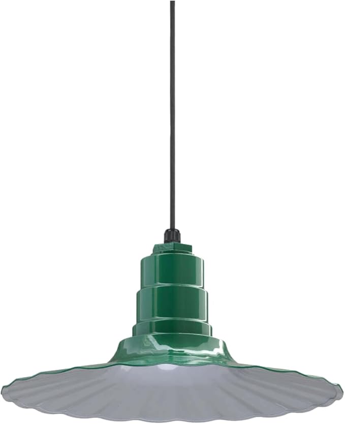 Steel Lighting Co. Eagle Rock Pendant | Ceiling Mounted Light | 16 inch Radial Wave | Black Cord | Heavy Duty Steel Retro Farmhouse Style Made in America | Green Exterior/White Interior