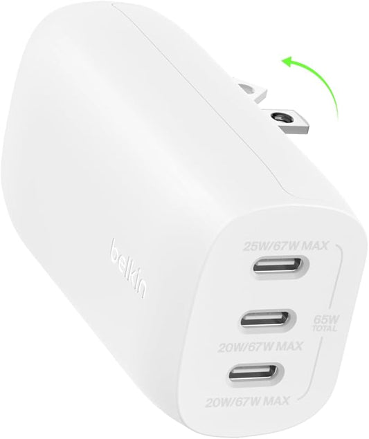 Belkin 3-Port USB C Charger Block 67W - PPS, USB-C PD3.1 Super Fast Charging Charger - Samsung Galaxy S25, Apple iPhone 16, MacBook Pro, AirPods, Nintendo Switch 2 & Other PD Enabled Devices - White