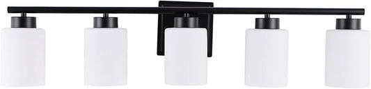 5 Light Bathroom Light Fixtures, 33.3 Inches Vanity Lights for Mirror, Black Vanity Lighting Fixtures with Milky White Glass Shades