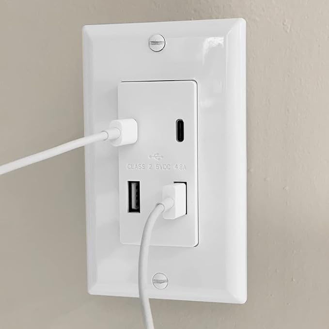 Maxxima USB Receptacle Outlet - 4.8A USB C/A High Speed 4 USB Wall Charging Ports, Vertical Multi-Plug Socket, Electrical AC Replacement, Outlet Wall Plate Included - White