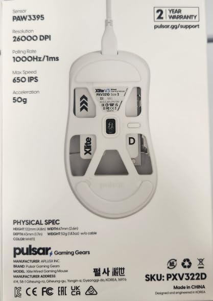 Pulsar Gaming Gears Xlite Wired Gaming Mouse, Ultra Lightweight 1.83 oz (52g), Ergonomic, Optical Switch, 26000 DPI, Motion Sync, PAW3395 Sensor (Medium, Wired, White)