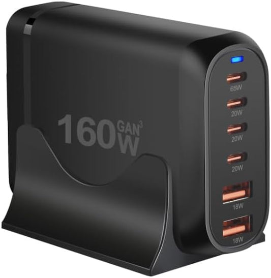GEEKERA USB C Charger, 160W 6-Port Fast Charging Station with 4 USB-C + 2 USB-A, Portable Multiport Charging Wall Block Hub for iPhone 16 15 14 13 12 iPad Pro MacBook Samsung Galaxy Pixel Switch