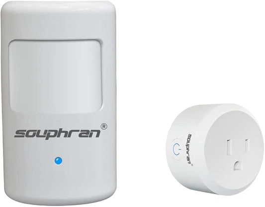 Upgraded Plug-in Motion Activated Light Control, Souphran Wireless Motion Detector and Plug Set, No Wiring, Adjustable Detection Range, Always-on Timer and Light Sensor, (1 Pack-new)