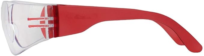 BISON LIFE Protective Safety Glasses, Clear Polycarbonate Impact and Ballistic Resistant Lens, RED (Case of 12 Boxes, 144 Pairs Total)