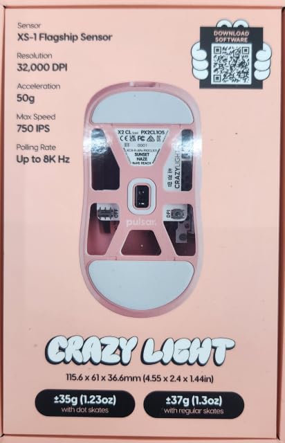 Pulsar Gaming Gears X2 Crazylight Wireless Gaming Mouse, Ultra Lightweight 1.23 oz (35g), Optical Switch, 32000 DPI, 750 IPS, XS-1 Sensor, 8k Compatible (Sunset Haze)