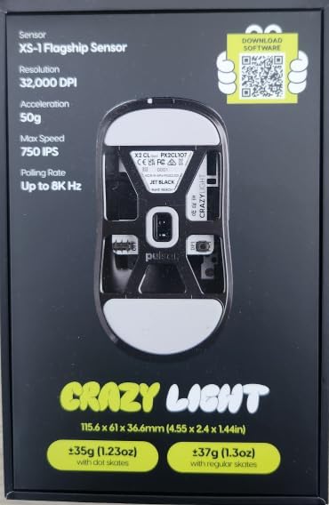 Pulsar Gaming Gears X2 Crazylight Wireless Gaming Mouse, Ultra Lightweight 1.23 oz (35g), Optical Switch, 32000 DPI, 750 IPS, XS-1 Sensor, 8k Compatible (Jet Black)