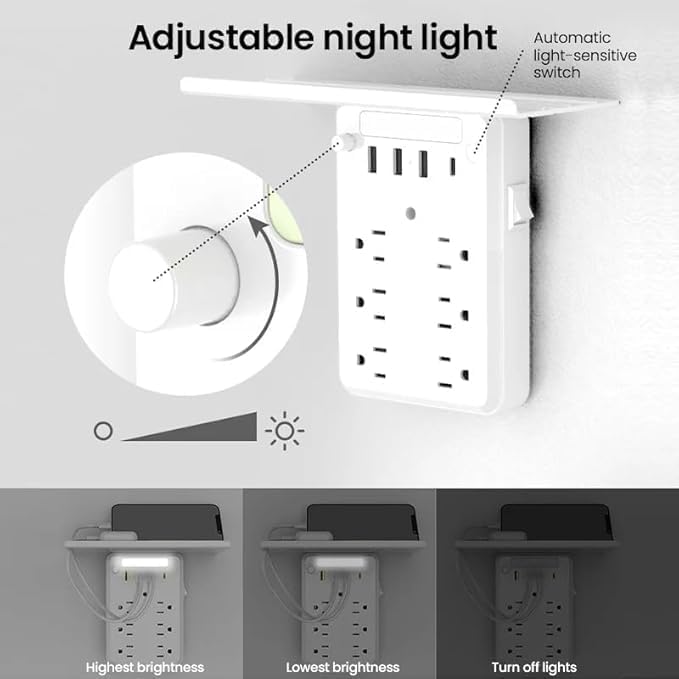 Multi-Plug Outlet with Night Light,6 Outlet Extender with 3 USB Ports,USB Wall Charger for Home, Office, Travel (with Tray)