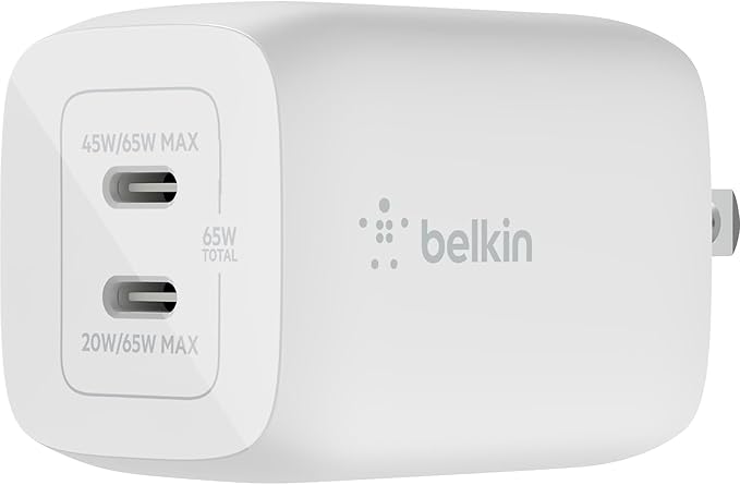 Belkin 65W Dual USB C Charger Block, Super Fast Charging PD3.0 w/ GaN Technology - Samsung Galaxy S25, Apple iPhone 16, 15, 14, 13, Pro, Pro Max, iPad, MacBook, Nintendo Switch 2 & More - White