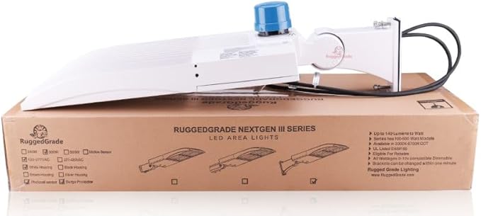 42,000 Lumen - 300 watt NextGen III LED Shoebox Lights - Dimmable - with Photocell - Arm Mount - 10KV Surge - White Housing