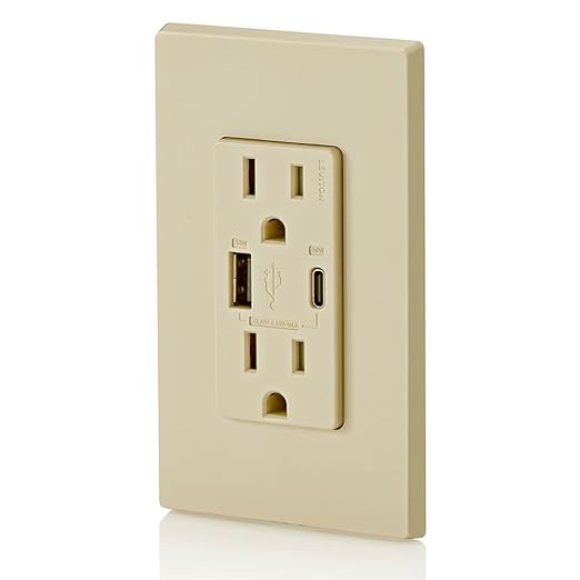 Leviton T5634-I 60W (20V@2.5A+ 5V@2A) USB Dual Type A/Type-C Power Delivery in-Wall Charger with 15A Tamper-Resistant Outlet, USB Charger for Smartphones, Tablets, Laptops, Ivory