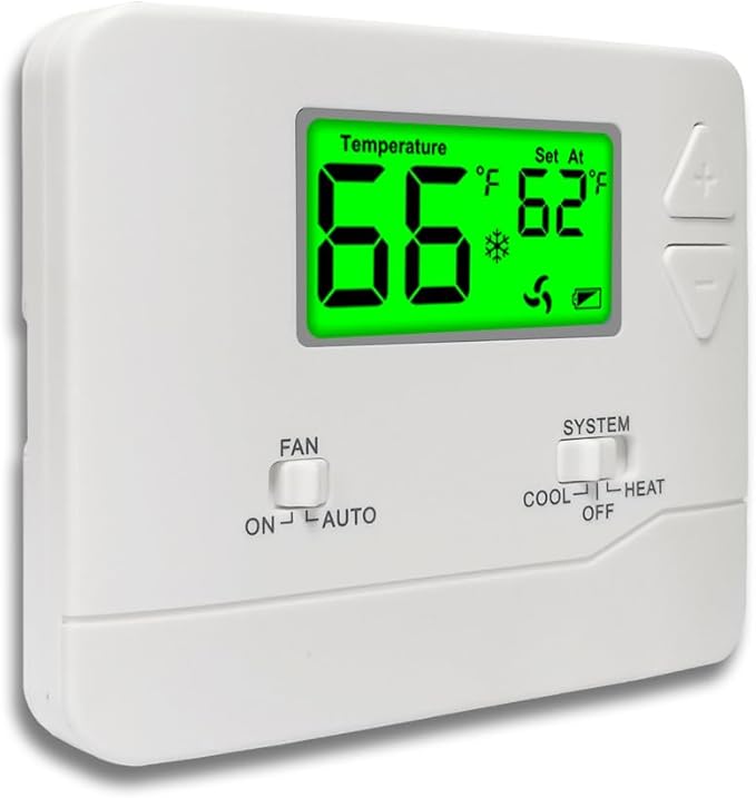 NonProgrammable Thermostat for House, Digital Energy-Saving Thermostat,Single-Stage Systems, 1 Heat/1 Cool, Easy DIY Install, Green Backlight