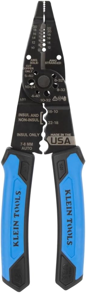 Klein Tools 1025 Long Nose Multi-Purpose Wire Stripper Tool, Made in USA Professional Electrician Tools, Crimping Tool, Cable Stripper for 10-20 AWG Solid, 12-22 AWG Stranded Wire