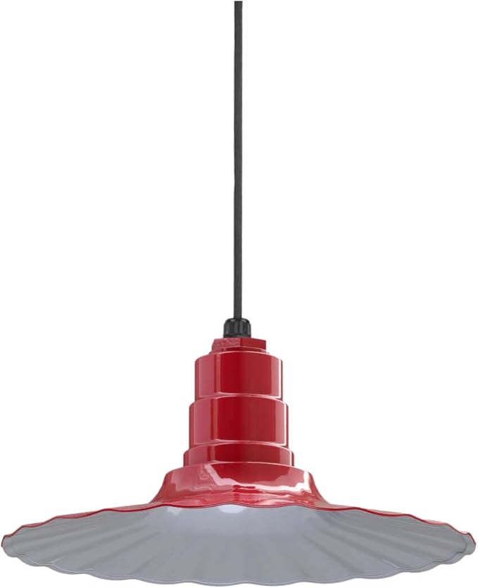 Steel Lighting Co. Eagle Rock Pendant | Ceiling Mounted Light | 16 inch Radial Wave | Black Cord | Heavy Duty Steel Retro Farmhouse Style Made in America | Red Exterior/White Interior