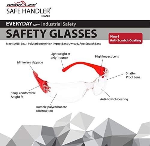 BISON LIFE Clear Lens Color Temple Safety Glasses | One Size, Adult, Youth, Clear Protective Polycarbonate Lens Color Temple, Variety, 24 PAIRS