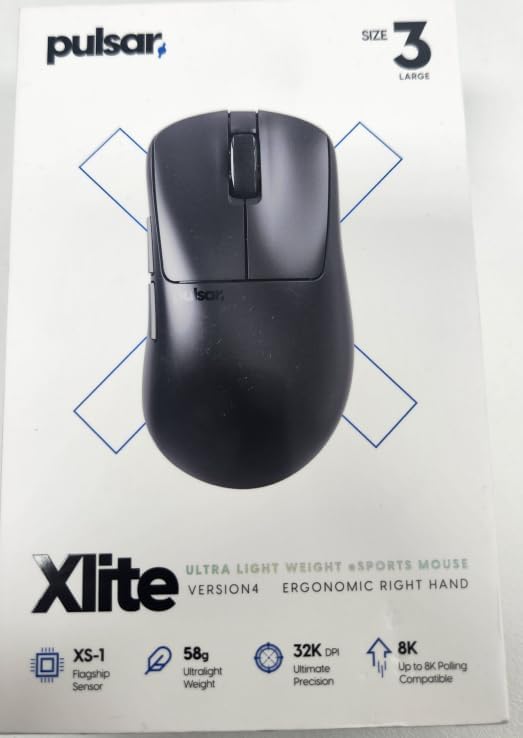 Pulsar Gaming Gears Xlite v4 Wireless Gaming Mouse, Ultra Lightweight 2.04 oz (58g), Ergonomic, Optical Switch, 32000 DPI, 750 IPS, XS-1 Sensor, 8k Compatible (Large, Black)