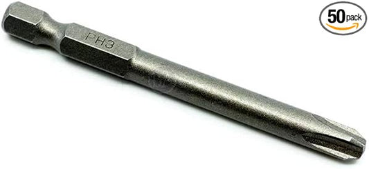 Benchmark Abrasives 1/4 Inch Hex Anti Slip Phillips Insert Screw Head Screwdriver Bits, Rotary Drill Bits for Repairing Electronics, Automotive Parts, Furniture (50 Pack) - (PH3 x 2-3/4")