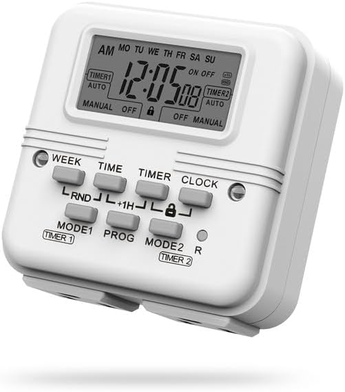 BN-LINK Digital Timer Outlet 7 Day Programmable Digital Outlet Timer with 2 Independent Outlets 3-Prong Mini Indoor Easy Set Stackable Plug-in for Lights Lamps Fans Accurate 8A/1000W 1/3HP
